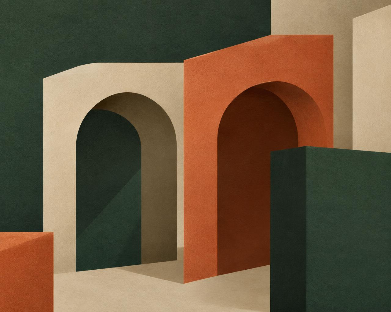 Abstract architectural arches in green and terracotta